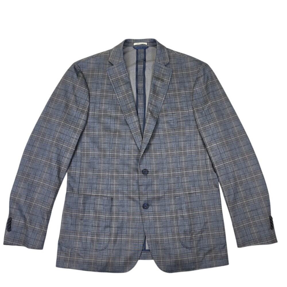 Bar III Mens 44L Slim Fit Suit Jacket Blazer Grey Blue Plaid Stretch